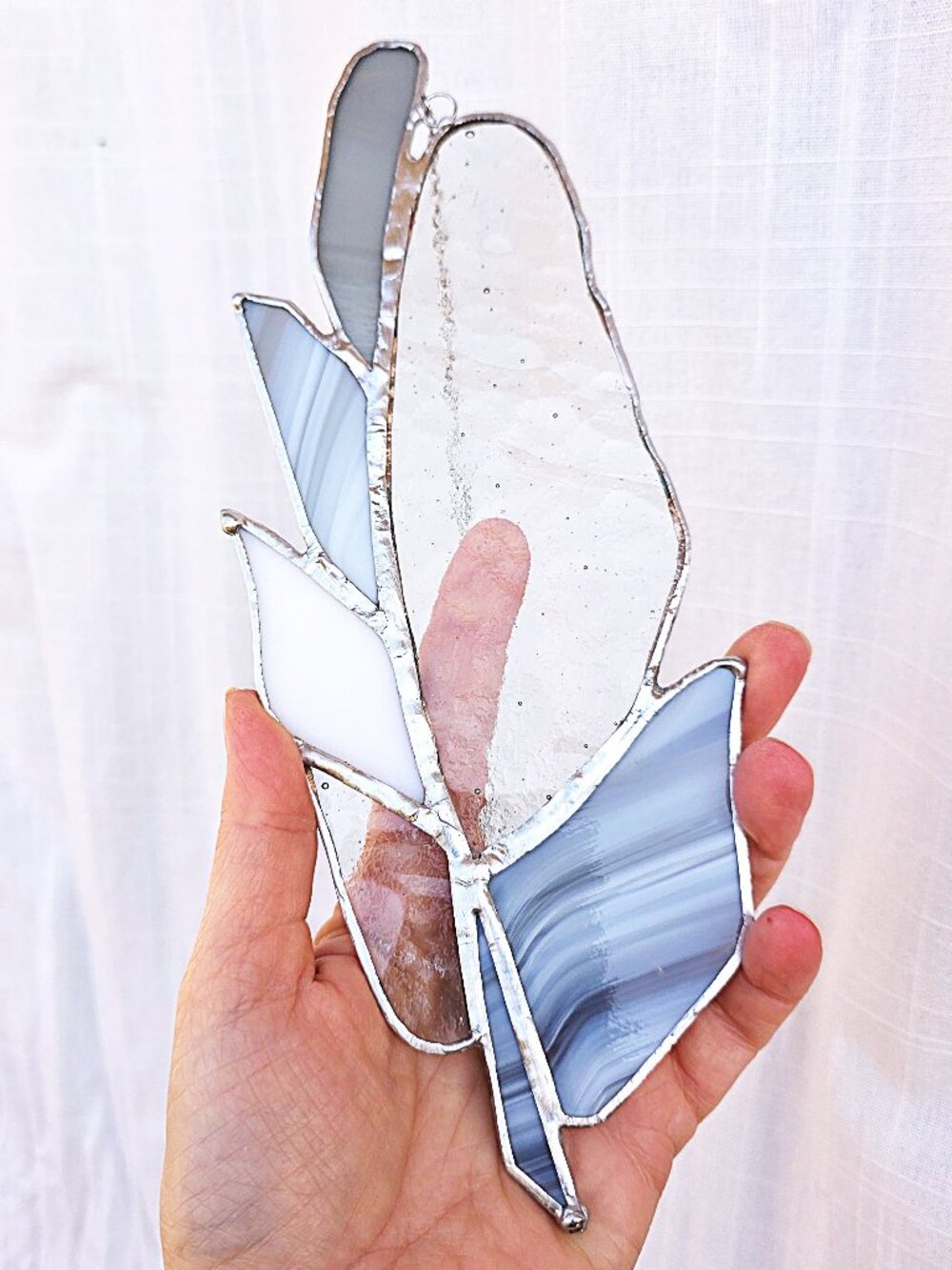 Clear white & gray stained glass feather suncatcher
